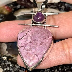 Pink Cobalt Calcite & Amethyst Crystal Pendant 2 1/4”
